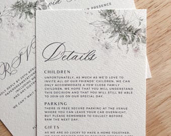 Wildflower Details Card Wedding Invitation Suite, Green Foliage Enclosure Insert, Elegant Dusty Pink Reception, Blush Outdoor Event, PD06