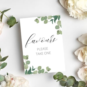 Greenery Favors Sign / Wedding Sign / Eucalyptus / DIY Wedding Invitation / Impreso o Digital / PD001