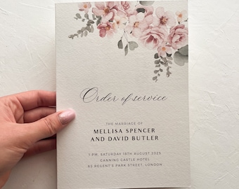 Blush Pink Flower Order Of Service Booklet, Sage Green Eucalyptus Wedding Booklet, Church or Civil Ceremony, Delicate Elegant Day Timeline