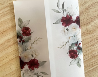 Burgundy Wedding Vellum Wrap, Autumn Theme Invitation Jacket, Botanical Garden DIY Wedding, White Floral Winter Stationery, PD17