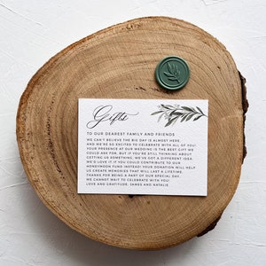 Biglietto regalo di nozze stampato verde salvia, inserto per auguri luna di miele verde oliva, nota sui regali moderno rustico, allegato registro minimalista boho, PD02