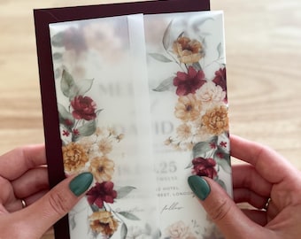 Burgundy and Bold Yellow Florals Wedding Invitation Card, Gold Vellum Wrap, Romantic Rustic Garden, Autumn Reception Stationery, PD19