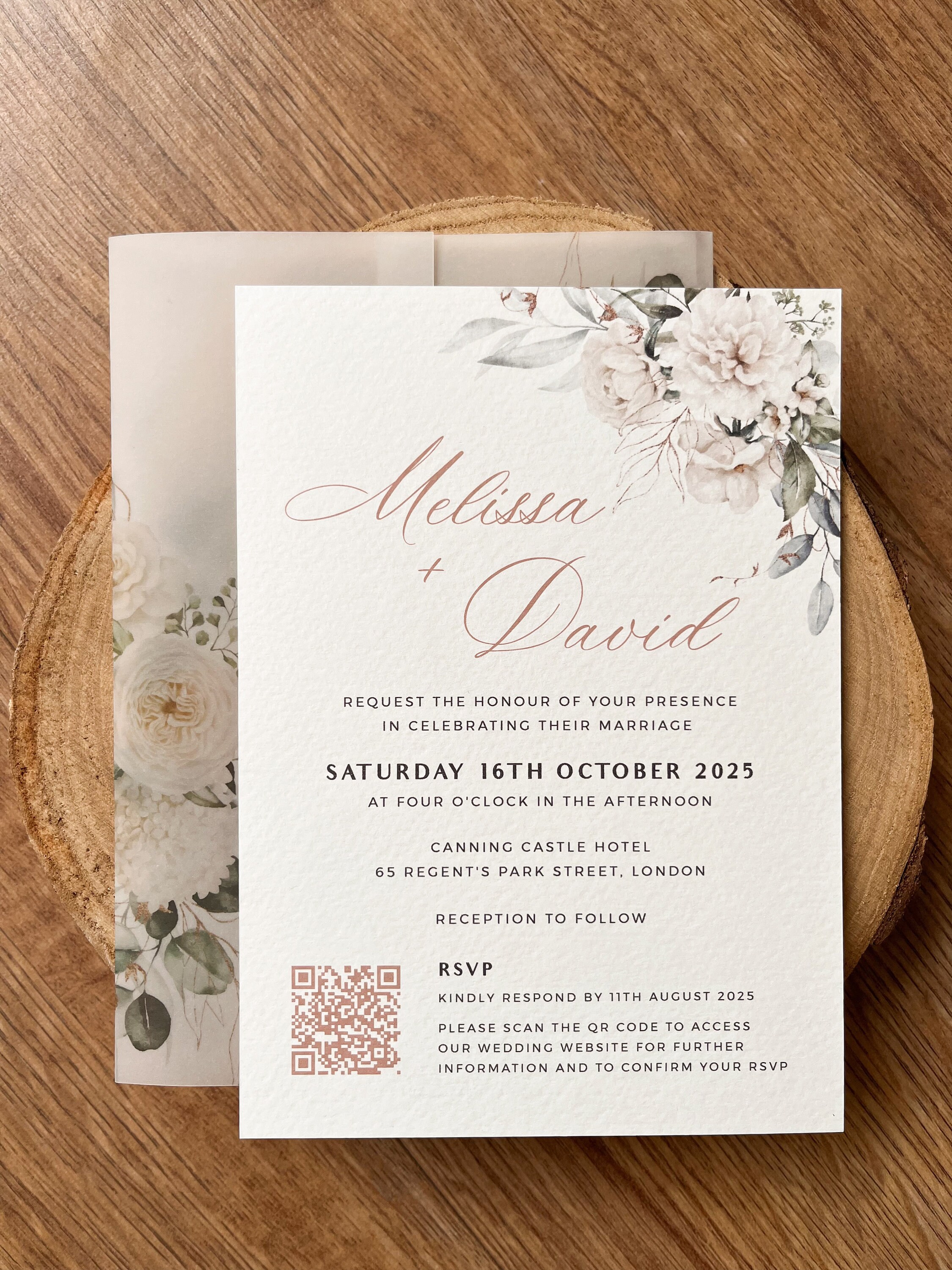 Elegant Gold and Green Wedding Invitation With QR Code RSVP