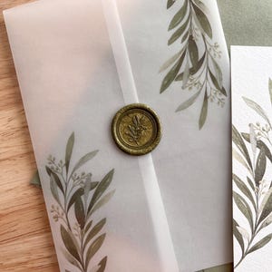 Châle en vélin de mariage vert olive, veste de faire-part thème italien, mariage jardin botanique bricolage, fête méditerranéenne branche verte, PD02