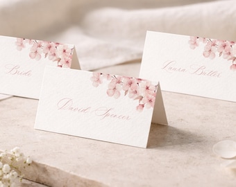 Pink Cherry Blossom Wedding Place Card, Personalised Guest Name, Floral Escort Card