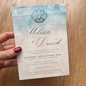 Elegante invitación de boda de destino perla, tarjeta de playa costera de acuarela, tema de viaje, mar de lujo italiano, evento de verano al aire libre en el extranjero