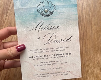 Elegant Destination Wedding Invitation Pearl, Watercolour Coastal Beach Card, Travel Theme, Italian Luxury Sea, Outdoor Abroad Summer, PD22