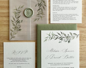 Sage green wedding invitation suite, woodland vellum wrap details card, modern sage rustic wax seal, envelope, extra insert card, PD04