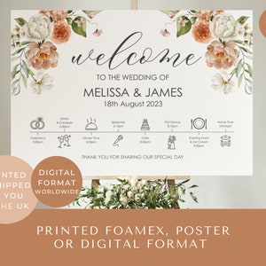 Terracotta Wedding Welcome Sign, Peach Order of the Day Sign, Wedding Timeline Poster, Elegante bordo floreale, Matrimonio fai da te, PD008