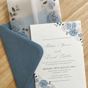Faire-part de mariage roses bleus et blancs vieux avec papier vélin et enveloppe, carte gypsophile, réception rustique hiver gypsophile, PD11