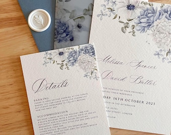 Dusty blue wedding invitation suite, light blue wrap details card, modern sage green eucalyptus extra insert, white rustic wax seal, PD14