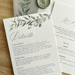 Saliegroene details kaart huwelijksuitnodiging, rustiek elegante bijlage invoegen, delicate klassieker, boho herfstreceptie thema, PD04
