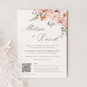 Może przedstawiać: Zaproszenie ślubne z imionami "Melissa + David" i kwiatowymi dekoracjami w kolorze różowym i zielonym. Zaproszenie zawiera szczegóły wydarzenia, kod QR i informacje RSVP.