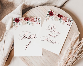 5x7" Burgundy and Blush Pink Table Numbers or Table Names, Wedding Table Decor, Modern Boho Wedding Table Setting, PD08
