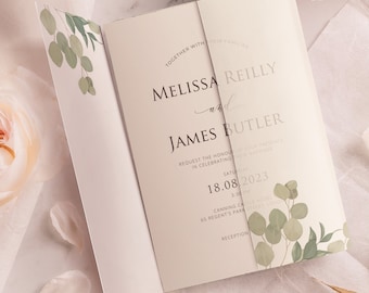 Printed Greenery Vellum Jacket | Printed Eucalyptus Vellum Wrap | Scored Clear Wrap for DIY Wedding Invitation | Rustic Wedding Invitation
