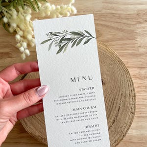 Olijfkaart bruiloft menukaart, rustiek groen menu, gepersonaliseerde gastenmenu's, mediterrane bruiloft briefpapier, aangepaste bruiloft dinerkaart, PD02