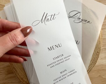 Personalised Vellum Wedding Menu with Guest Name, Elegant Minimalist Place Card