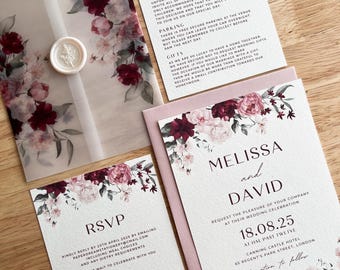 Elegant dusty pink & burgundy wedding suite with vellum wrap, RSVP, details card, white pearl wax seal, summer garden reception party, PD08