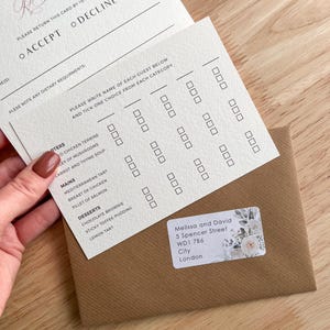 Karta RSVP z menu do wyboru dla gości, kopertą i naklejkami z adresem zwrotnym, delikatna dwustronna wkładka ślubna w kwiaty Boho, PD07