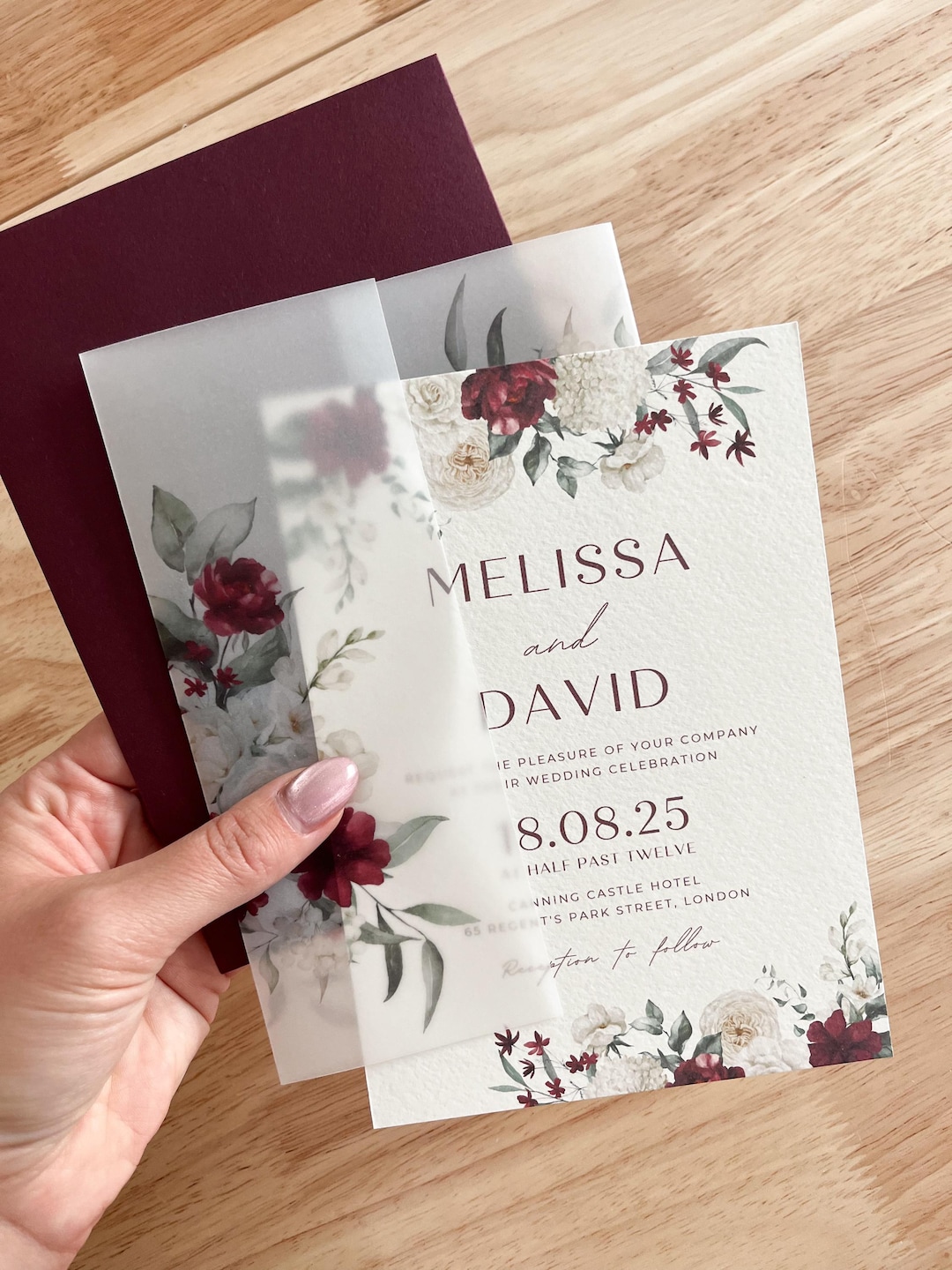 Burgundy and White Wedding Invitation Card, Fall Floral Vellum Wrap ...