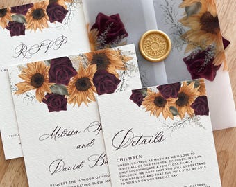 Burgundy roses and sunflower wedding suite with vellum wrap, yellow RSVP, details card, light gold wax seal, summer garden reception, PD20