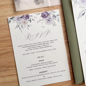 Fioletowy Liliowy Ślub Ślub RSVP Karta, Wkładka z Kwiatowymi Detalami, Nowoczesne Obudowa Z Liści, Rustykalne Boho Wydarzenie, Zielone Liście Szałwii, PD10