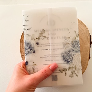 Carta da regalo blu polvere stampata per inviti di nozze, kit fai da te per inviti di nozze, 7x5" e A5, copertina in pergamena floreale, eucalipto azzurro e verde