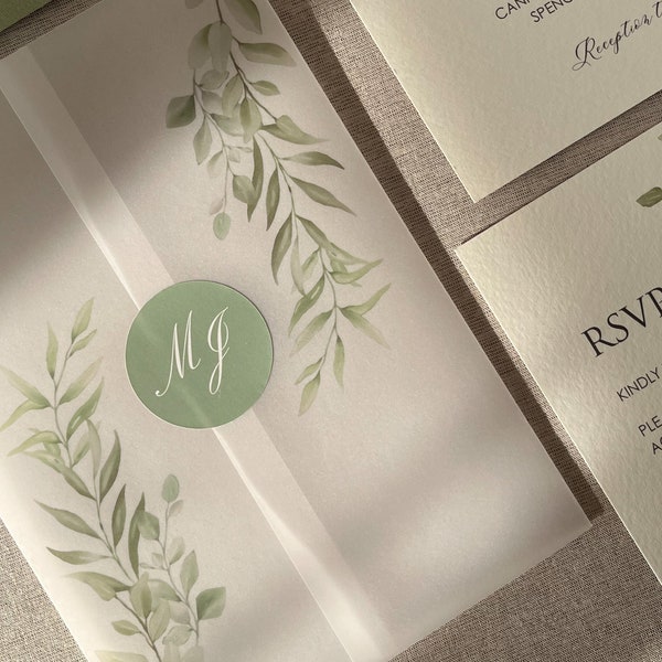 Printed Sage Vellum Jacket | Rustic | DIY Wedding Invitation | 7x5" or A5 Invitation | Personalised 37mm Round Sticker for Vellum Wrap, PD04