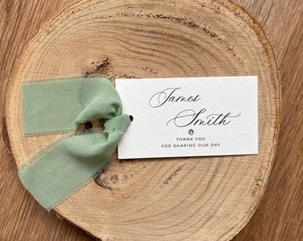 Sage Green Place Card with Chiffon Ribbon and Gem for Elegant Weddings, Hen Parties, Baby Showers, Classy Escort Card, Modern Calligraphy
