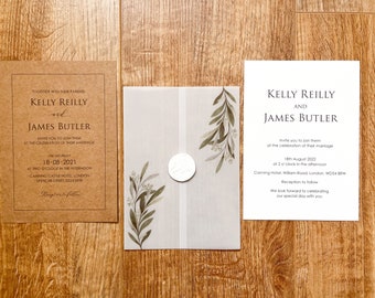 Printed Olive Leaves Vellum Jacket | Rustic Wedding Invitation | Clear Greenery Printed Wrap for DIY Wedding Invitation | Scored and Folded