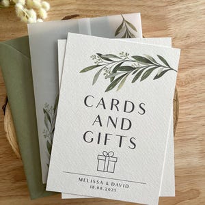 Enseigne pour cartes et cadeaux rameau d'olivier, enseigne de table de mariage verdure, enseigne de réception botanique, décor méditerranéen, imprimé 5 x 7", A5, A4, PD02