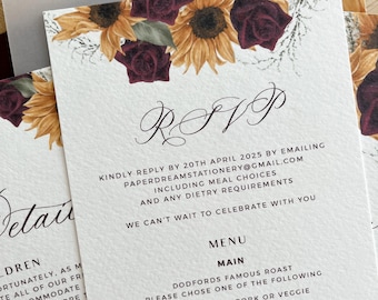 Printed RSVP Invitation Card, Sunflower and Burgundy Roses Personalised Response, Fall Wedding Theme, Enclosure Insert, Yellow Wedding, PD20