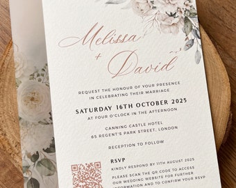 Elegant Gold and Green Wedding Invitation with QR Code RSVP, Watercolour Botanical Classy Card, Greenery Wedding, White Floral Details, PD07
