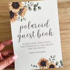 Sonnenblume Polaroid-Gästebuch-Zeichen | Gelbes Hochzeitsschild | DIY Hochzeitseinladung | Gedruckt in Großbritannien oder Digital weltweit | sommerliche rustikale Karte