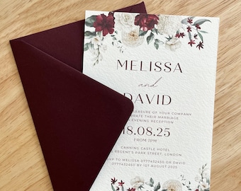 Burgundy and White Floral Evening Wedding Invitation Card with Envelope, Autumn Rustic Garden, Boho and Minimalist, Winter Event Theme, PD17