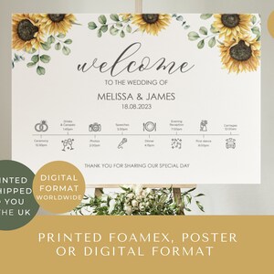 Girasole Personalizzato Matrimonio Benvenuto Ordine del giorno Segno / Cronologia matrimonio fienile rustico / Ricevimento di nozze Ordine di servizio / PD002