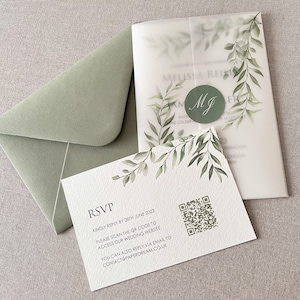 Printed Green Sage QR Rsvp Card | Personalised Minimalist Response Cards | Minimal Wedding Rsvp with QR Code | DIY Wedding | PD004