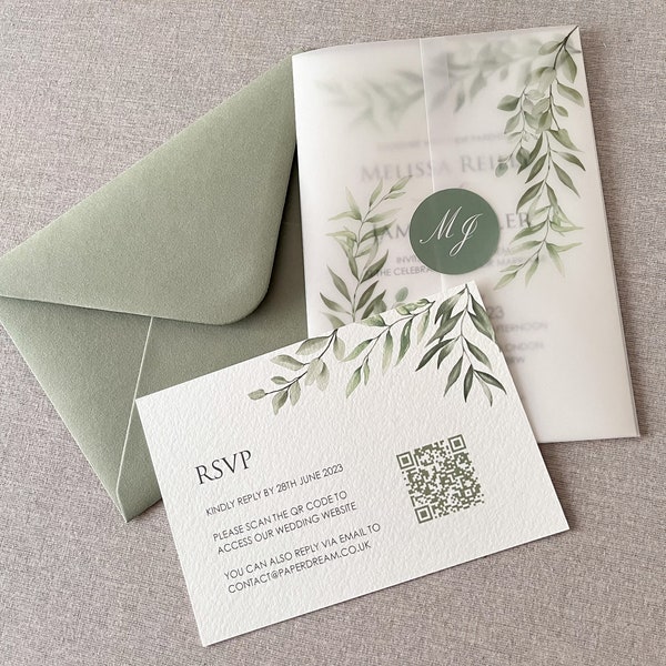 Printed Green Sage QR Rsvp Card | Personalised Minimalist Response Cards | Minimal Wedding Rsvp with QR Code | DIY Wedding | PD004