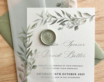 Sage Green Wedding Invitation with Vellum Wrap and Envelope, Modern Rustic Invite Bundle, Minimalistic Foliage Card, Autumn Reception, PD04