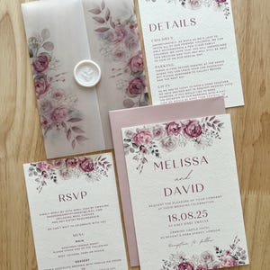 Suite de faire-part de mariage floral rose poudré avec papier vélin, cachet de cire, faire-part de mariage rose et gypsophile, ensemble de papeterie gypsophile, PD15