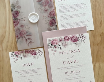 Blush Pink Floral Wedding Invitation Suite with Vellum Wrap, Wax Seal, Rose & Baby’s Breath Wedding Invite, Gypsophila Stationery Set, PD15