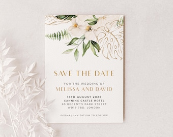 Gold Monstera Tropical Save the Date Card, Greenery Foliage Wedding Announcement Invitation