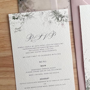 Scheda RSVP con fogliame verde, inserto per invito a nozze romantico, suite per inviti a nozze rosa antico, tema estate e sprint, PD06