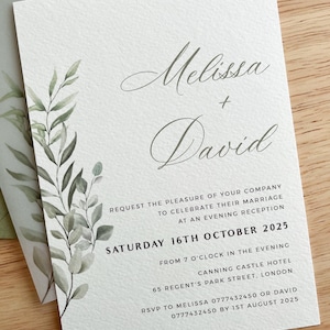 Elegante cartão de convite de casamento rústico verde-sálvia com envelope de sálvia, recepção no jardim botânico, cartão moderno e minimalista, PD04