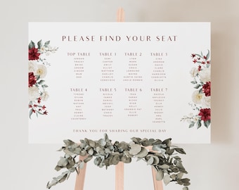 Burgundy and White Floral Wedding Seating Chart, Elegant and Minimalist Table Plan Sign, Romantic Floral Board, PD17
