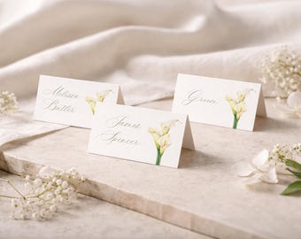 Personalised Calla Lily Wedding Place Cards, Folded Floral Place Names, Elegant Wedding Table Name Cards