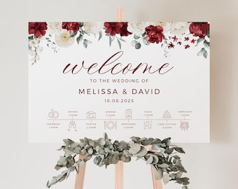 Burgundy and White Floral Wedding Welcome Sign, Order of the Day Sign, Wedding Timeline Poster, Elegant Floral Board, DIY Wedding, PD17