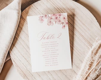 Pink Cherry Blossom Wedding Table Plan Card, Personalised Floral Seating Chart Table Decor