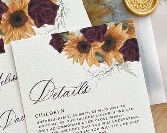 Burgundy Roses and Sunflowers Details Card, Yellow Floral Wedding Enclosure Insert, Fall Rustic Reception Theme, Barn Outdoor Event, PD20