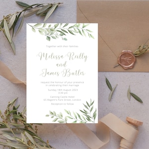 Printable or Printed Sage Wedding Invitation | Personalised Digital Rustic Greenery | Simple Minimalist Vellum Wrap | DIY Wedding | PD004